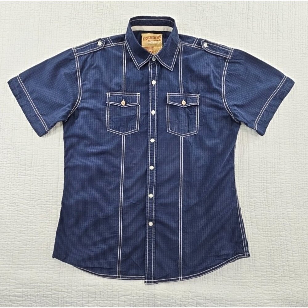 U.S. Expedition Authentic Shirt Men's L Navy‎ Blue Short Sleeve Embroidered EUC